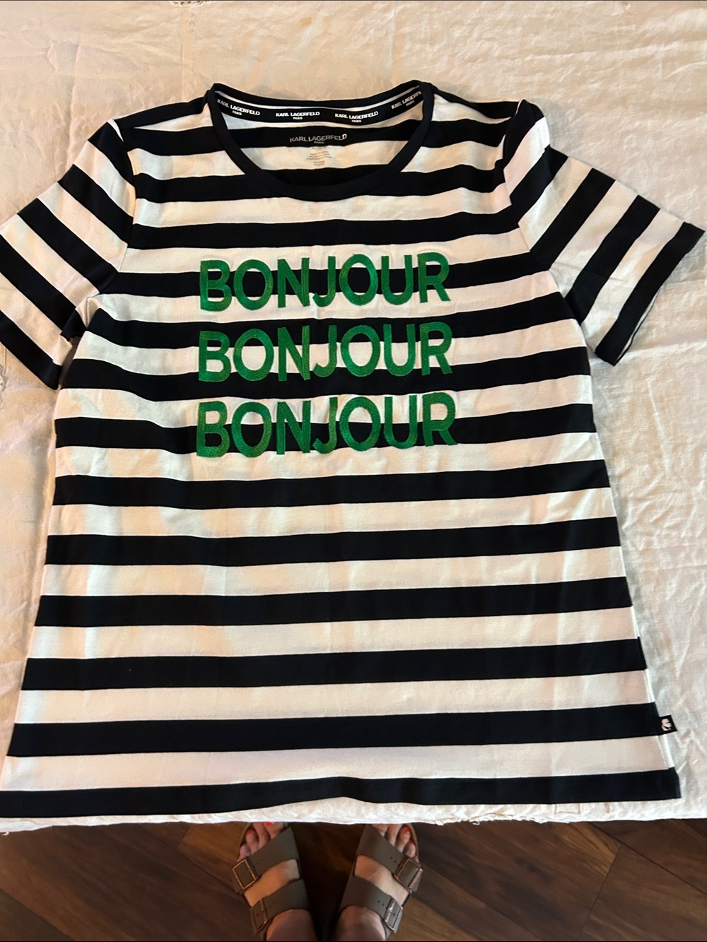 Karl Lagerfeld Black & White Striped Tee with Green "Bonjour" Text sz M